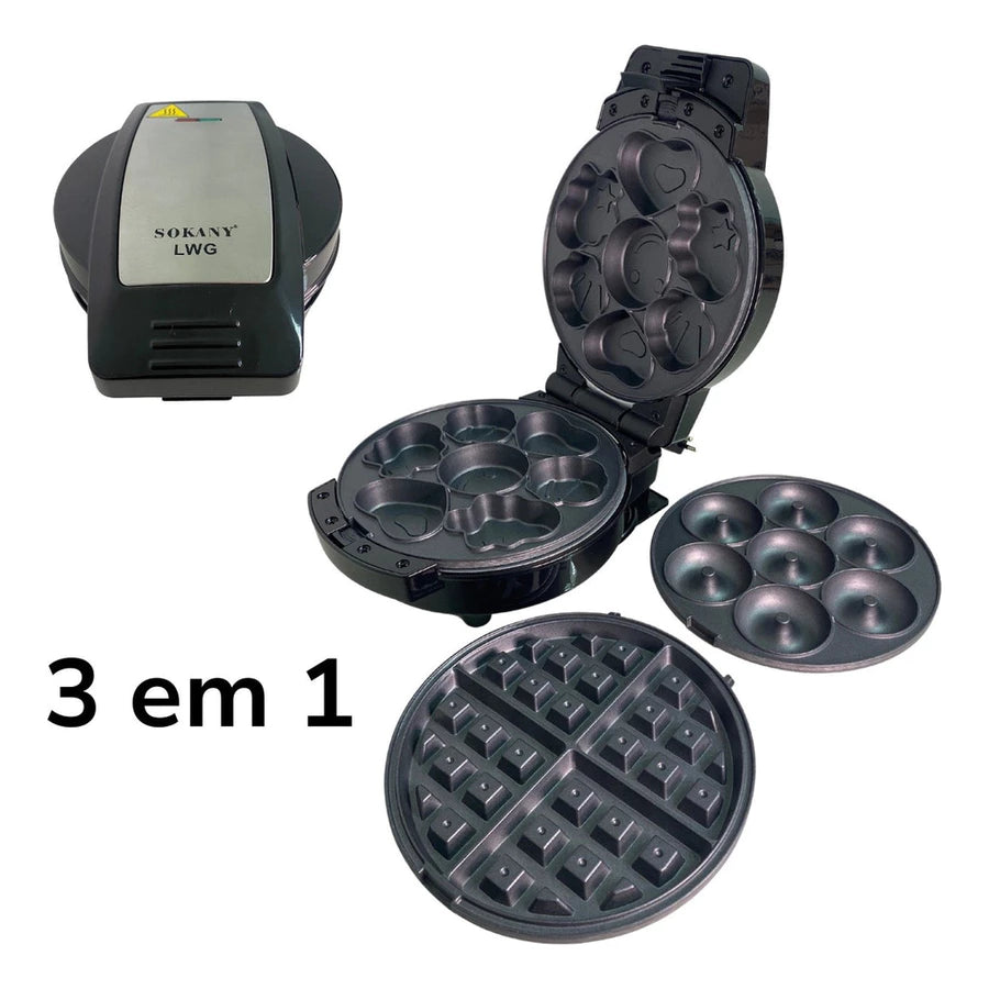 MÁQUINA DE WAFFLES, DONUTS E BOLOS 3 EM 1 SOKANY (ANTIADERENTE)